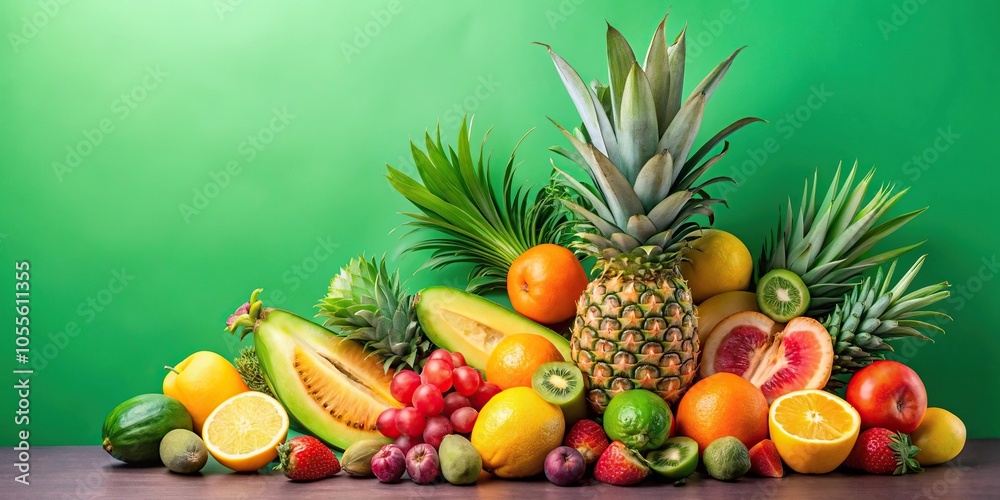 A vibrant tropical fruit arrangement on a bright green background, fresh produce, vibrant colors, tropical fruit, entertaining images, snack time
