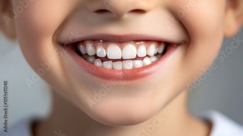 Close up of a child s smile showcasing healthy white teeth against a clean background representing a dental care theme photo