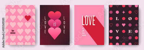 Modern abstract design of Valentines Day and Love cards set. Art concept templates for celebration with hearts and typography. Gradient vintage backgrounds for print, card, poster, banner, ads, cover