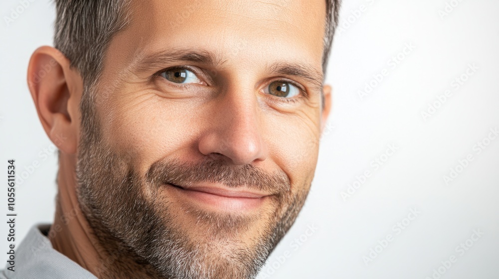 Obraz premium Close-up of a smiling man face with short brown hair and a trimmed beard, looking confidently at the camera, isolated on white