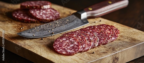 Peppered Salami And Slices On Cutting Board With Knife