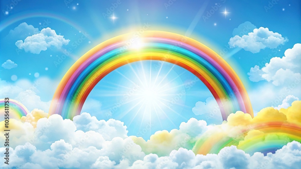 A whimsical and playful rainbow-themed wallpaper featuring fluffy clouds and sunshine, bright colors, pastel hues, sunny days, lighthearted decor, cheerful mood A whimsical and playful rainbow-themed wallpaper featuring fluffy clouds and sunshine, bright colors, pastel hues, sunny days, lighthearted decor, cheerful mood