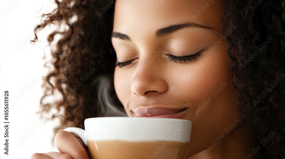 custom made wallpaper toronto digitalClose-up of a woman drinking coffee, eyes closed, appearing peaceful and content, isolated on white