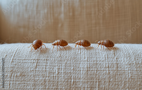 Bed bugs infestation. Small bed bugs crawling on the bottom of a white couch fabric, sofa, armchair.
