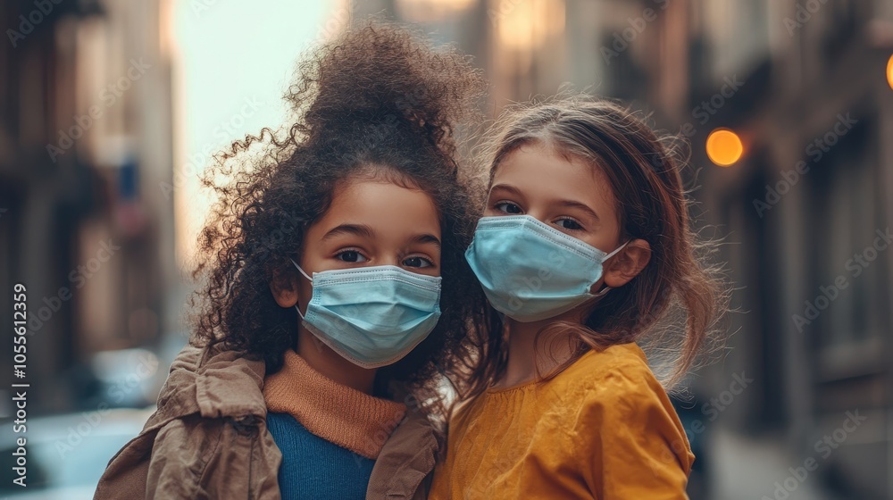 Family enjoying time together in an urban setting with girls donning face masks for protection against virus transmission during a health crisis Family enjoying time together in an urban setting with girls donning face masks for protection against virus transmission during a health crisis
