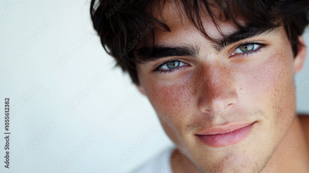 Close-up of a young man with dark hair, soft smile, and friendly expression, looking straight into the camera, isolated on white Close-up of a young man with dark hair, soft smile, and friendly expression, looking straight into the camera, isolated on white