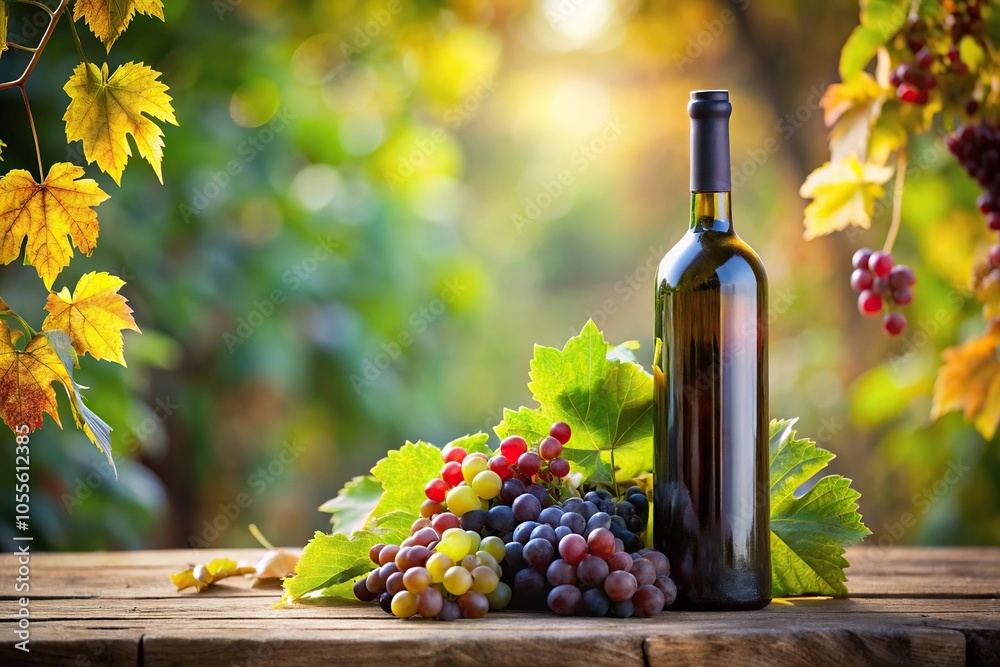 Fototapeta premium A wine bottle with a bouquet of grapes and leaves surrounding it in a garden setting, vineyard scene, grapes, leaves, beverage