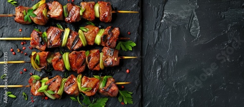 Yakitori Japanese cuisine showcasing grilled pork skewers with leeks in an uncooked form featuring a visually appealing copy space image photo