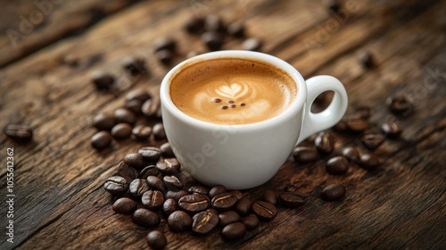 A freshly brewed espresso in a white cup surrounded by roasted coffee beans resting on a rustic wooden table