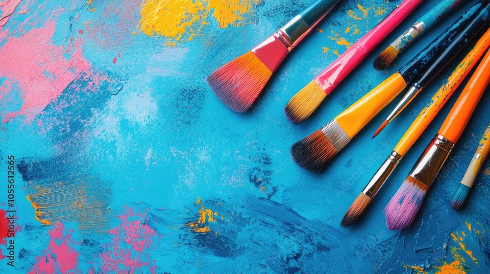 Fototapeta premium Colorful painting supplies including brushes and stationery set against a drawing background Ideal for creative education themes and artistic projects Top view with ample copy space