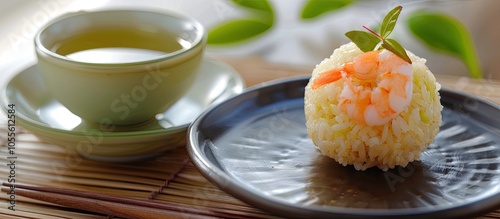 Shrimp tempura rice ball called Tenmusu with green tea on the table with a white copy space image photo