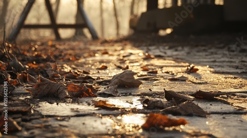 Dry fallen leaves rest on a stone pavement under sunlight with a soft focus on frozen puddles legs and wooden structures in the background