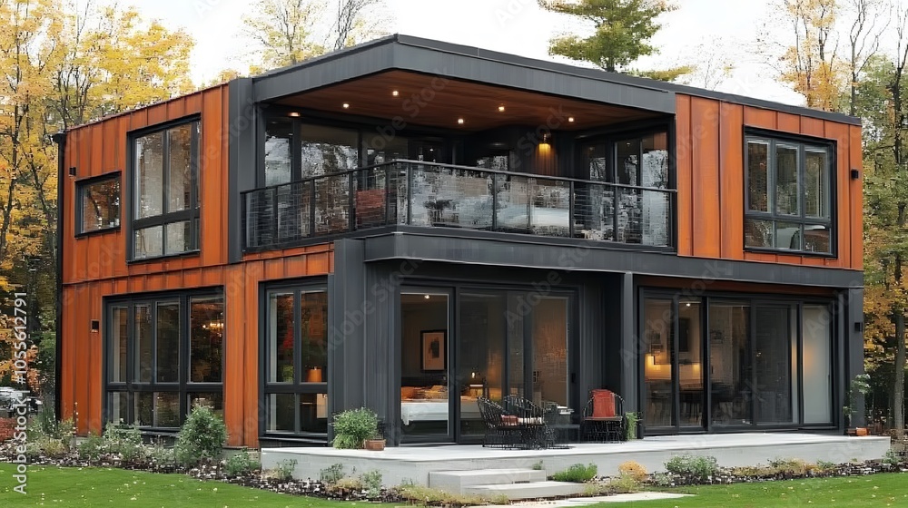 Black steel two-storey home with a large balcony for relaxation glass facade open layout and modern landscaping Black steel two-storey home with a large balcony for relaxation glass facade open layout and modern landscaping