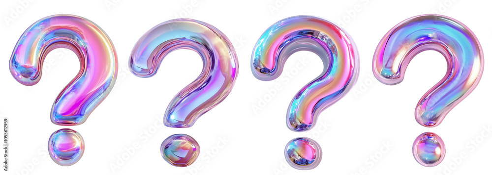 Set of holographic question marks isolated on the background. Question mark clipart on a transparent background. Generative AI. Set of holographic question marks isolated on the background. Question mark clipart on a transparent background. Generative AI.