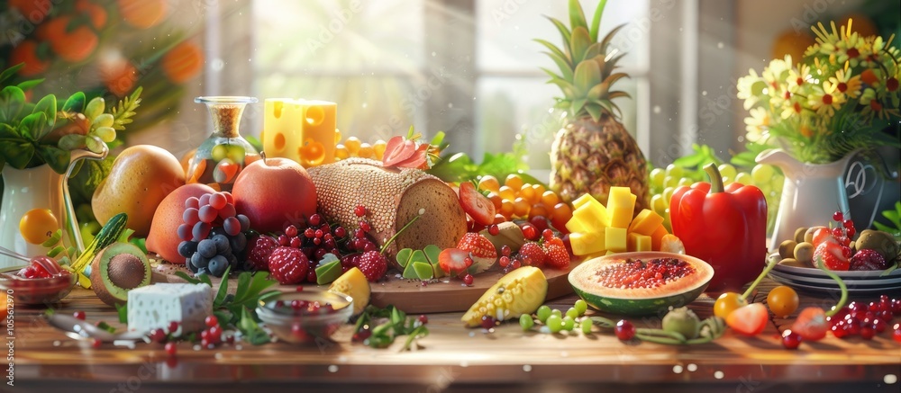 An arrangement of breakfast items like fruit salad bread vegetables cheese and berries on a flat surface with room for additional elements in the image An arrangement of breakfast items like fruit salad bread vegetables cheese and berries on a flat surface with room for additional elements in the image