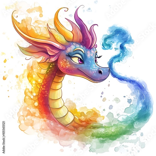 A playful cartoon dragon blowing colorful smoke rings on a white background. photo