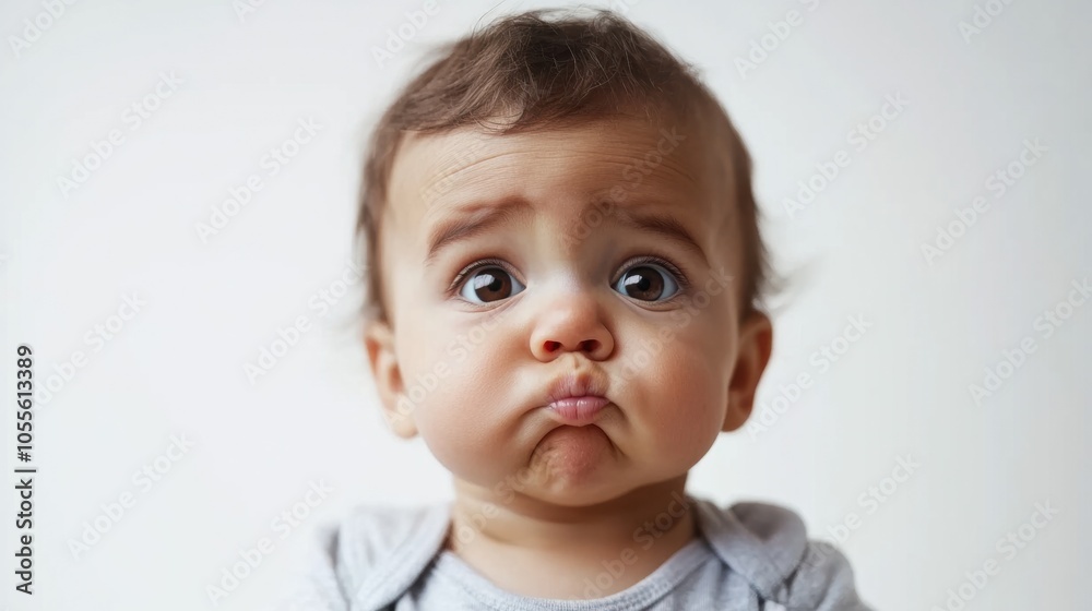 Cute baby with chubby cheeks, big brown eyes, and a soft pout, appearing innocent and endearing, isolated on white Cute baby with chubby cheeks, big brown eyes, and a soft pout, appearing innocent and endearing, isolated on white