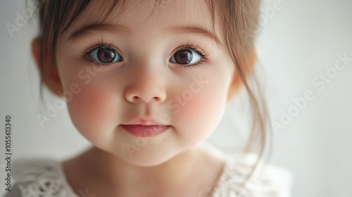 Cute baby with chubby cheeks, big brown eyes, and a soft pout, appearing innocent and endearing, isolated on white