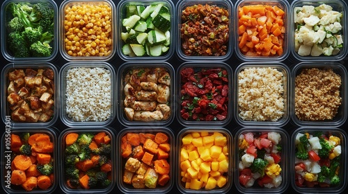 A variety of meal prep containers are neatly arranged, showcasing an assortment of healthy ingredients.