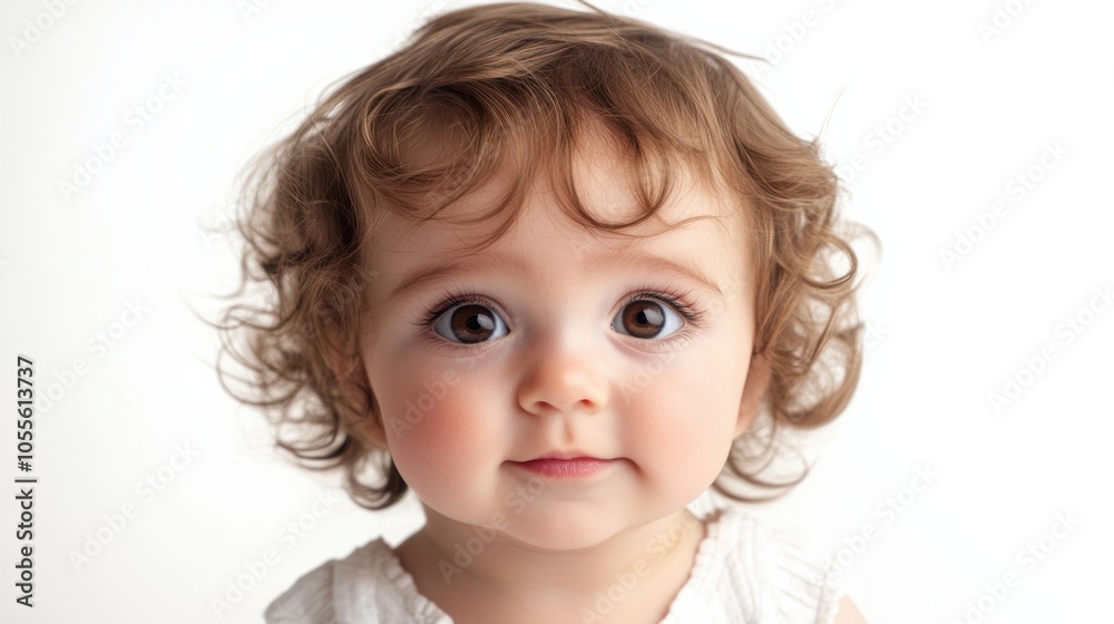 Cute baby with soft curls, big brown eyes, and curious expression, looking straight into the camera, isolated on white Cute baby with soft curls, big brown eyes, and curious expression, looking straight into the camera, isolated on white