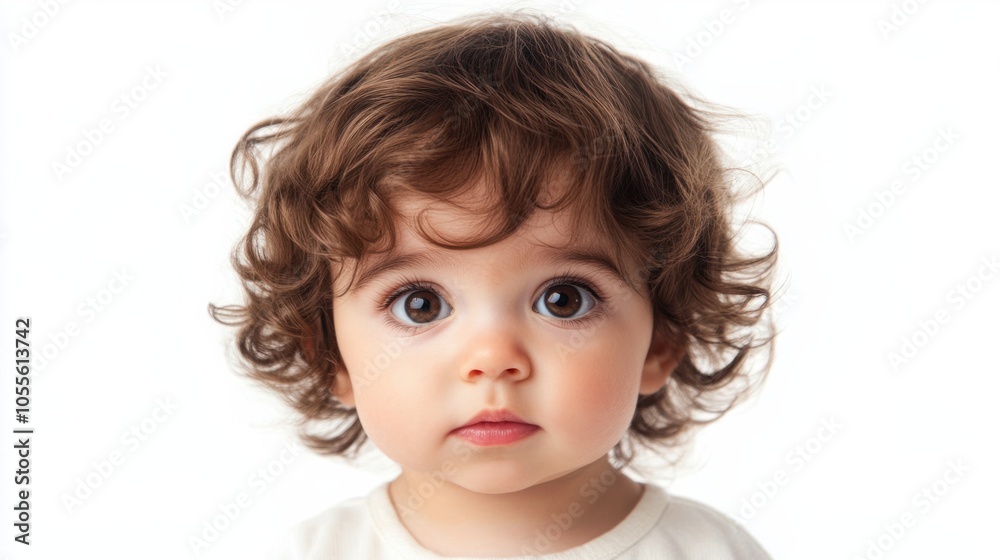 Cute baby with soft curls, big brown eyes, and curious expression, looking straight into the camera, isolated on white Cute baby with soft curls, big brown eyes, and curious expression, looking straight into the camera, isolated on white