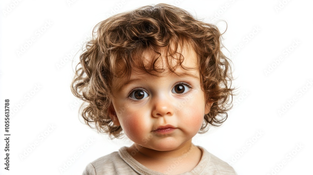 Cute baby with soft curls, big brown eyes, and curious expression, looking straight into the camera, isolated on white Cute baby with soft curls, big brown eyes, and curious expression, looking straight into the camera, isolated on white