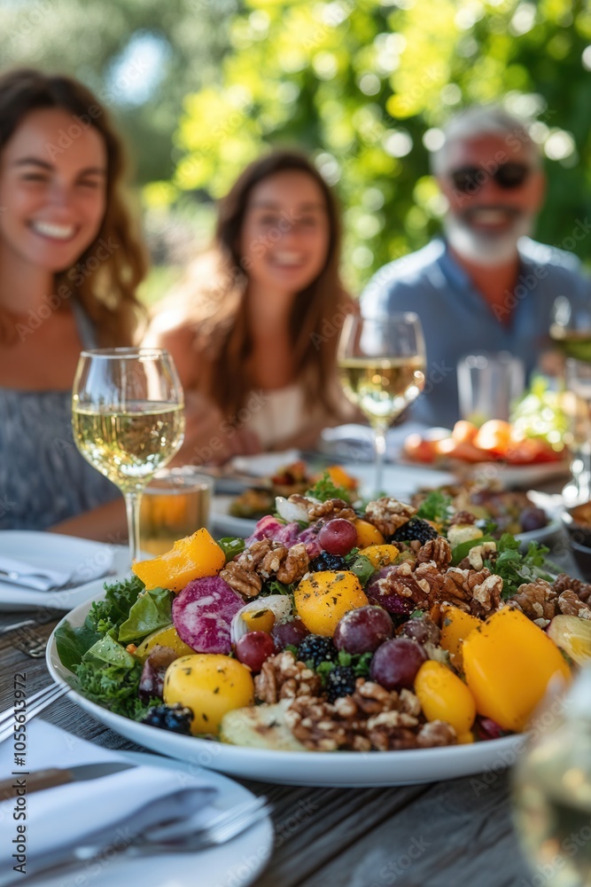 A group of friends shares a joyful moment in a sunny garden, savoring a vibrant fruit salad topped with nuts while enjoying glasses of chilled white wine. Laughter and smiles fill the atmosphere, cele A group of friends shares a joyful moment in a sunny garden, savoring a vibrant fruit salad topped with nuts while enjoying glasses of chilled white wine. Laughter and smiles fill the atmosphere, cele