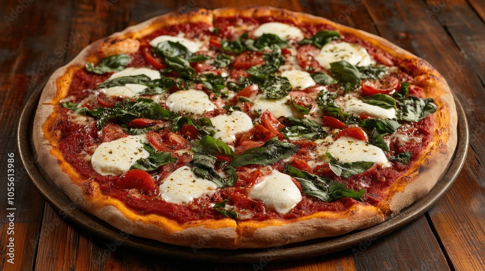 Italian pizza with fresh basil, mozzarella, and tomato on a rustic wooden table. Italian pizza with fresh basil, mozzarella, and tomato on a rustic wooden table.