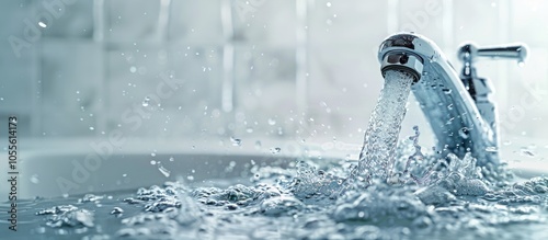 Close up of a broken faucet wasting water signifying home maintenance issues and a vital message about water scarcity with copy space for clarity