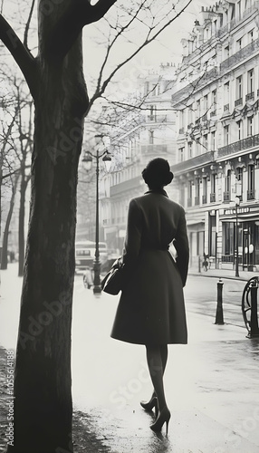 Woman strolling in Paris, vintage monochrome 1950s scene  -