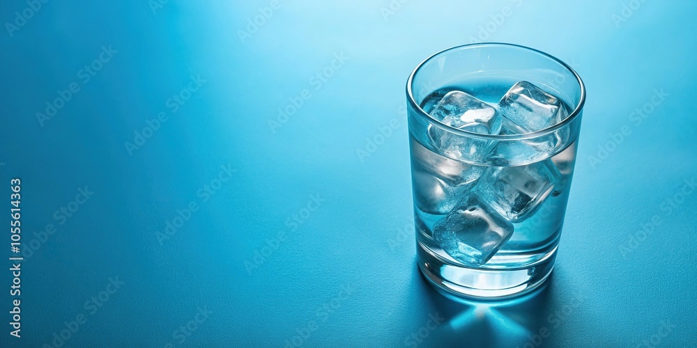 Glass with water and ice cubes on a blue background, high angle view Glass with water and ice cubes on a blue background, high angle view