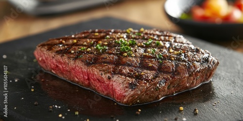 a steak on a black slate board photo