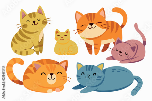 Cute funny cats in different comic fun poses. Adorable feline animals, clumsy amusing kitties sleeping, lying, playing in hilarious positions. Flat vector illustration isolated on white background 
