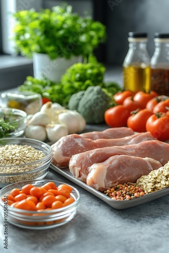 A variety of fresh ingredients such as meat, vegetables, and cereals are laid out on a kitchen counter, emphasizing their natural quality for the production of nutritious animal feed.