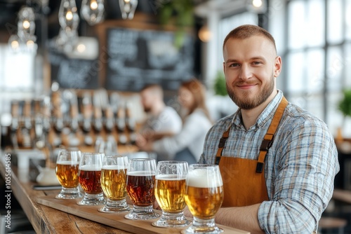 A smiling brewer in a work apron proudly presents an array of craft beers placed on a wooden board, highlighting their unique colors and textures. This lively brewery atmosphere emphasizes the artistr photo