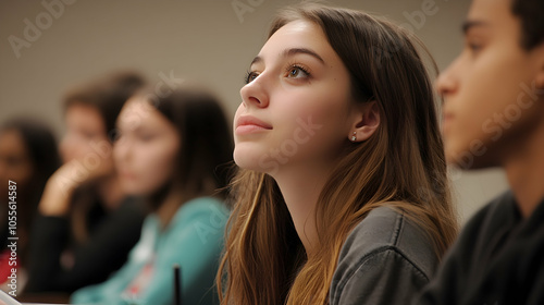 Young female college student in a lecture hall taking notes with classmates around her -