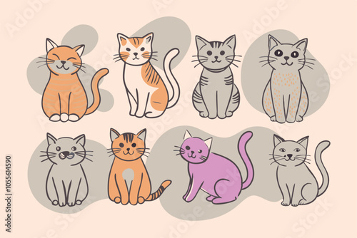 Cute funny cats in different comic fun poses. Adorable feline animals, clumsy amusing kitties sleeping, lying, playing in hilarious positions. Flat vector illustration isolated on white background 
