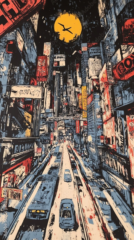 Fototapeta premium A vibrant and stylized cityscape with neon signs and a futuristic aesthetic.