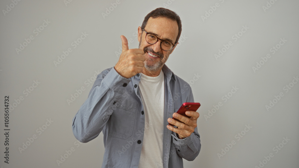 © Krakenimages.com - Mature hispanic man smiling while giving a thumbs up and using a mobile phone isolated against a white background