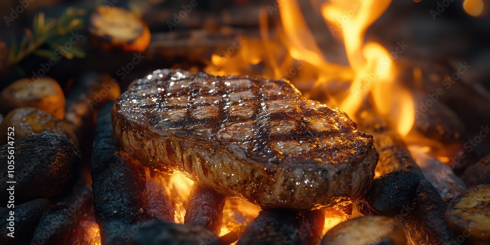 a steak is cooking on a grill with flames a steak is cooking on a grill with flames