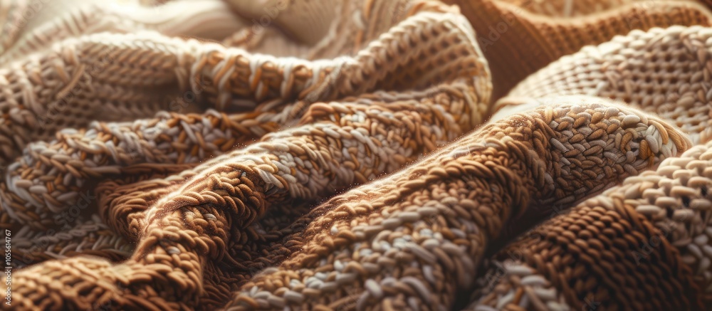 Close up of a knitted blanket in brown and beige with a pattern providing a large copy space image Close up of a knitted blanket in brown and beige with a pattern providing a large copy space image