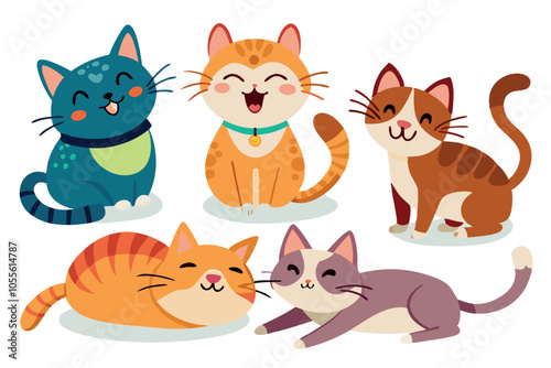 Cute funny cats in different comic fun poses. Adorable feline animals, clumsy amusing kitties sleeping, lying, playing in hilarious positions. Flat vector illustration isolated on white background 
