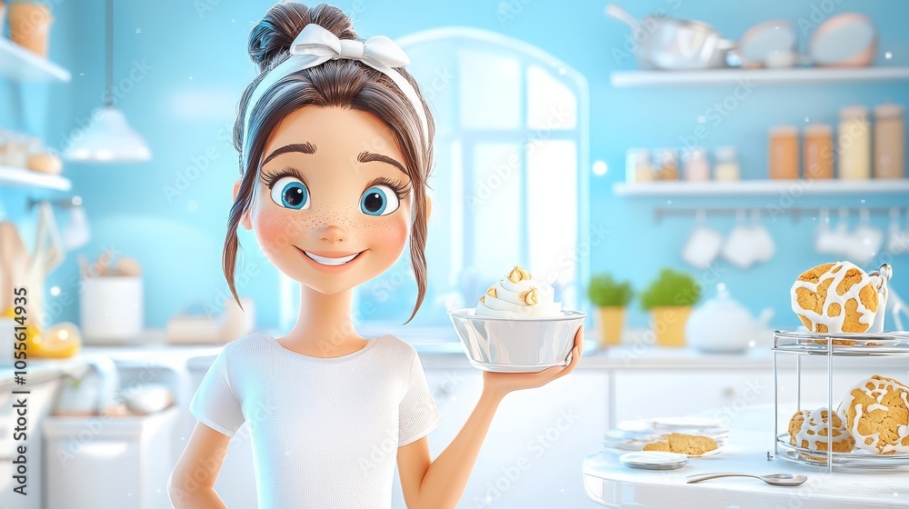 Cheerful Cartoon Girl in Bright Kitchen with Dessert Cheerful Cartoon Girl in Bright Kitchen with Dessert