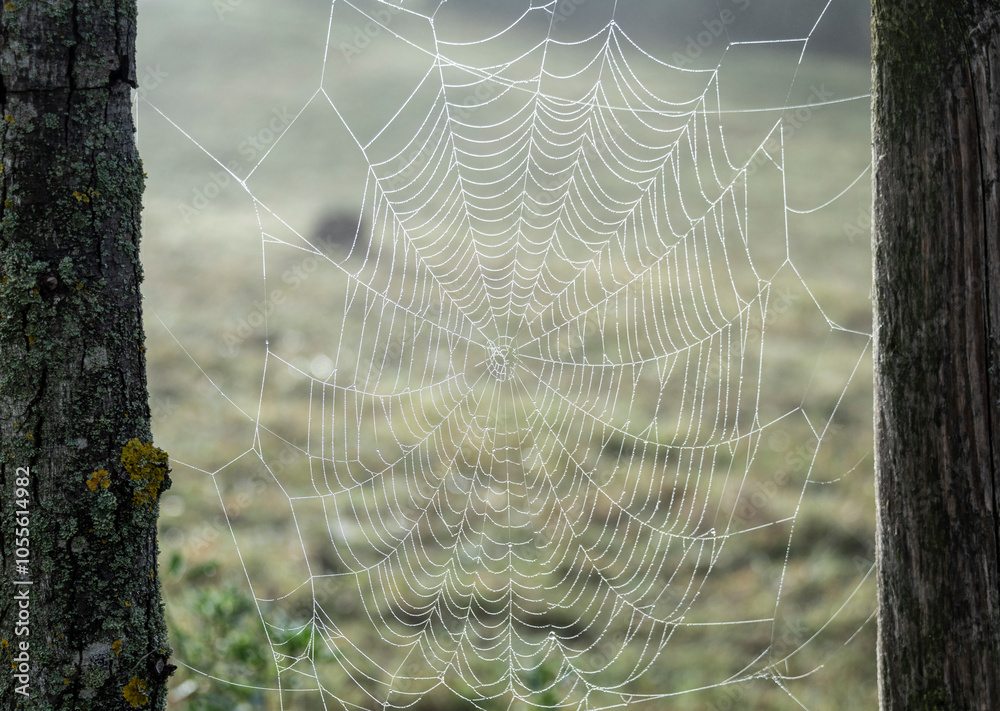 dew drops in a spider web spun between wooden posts