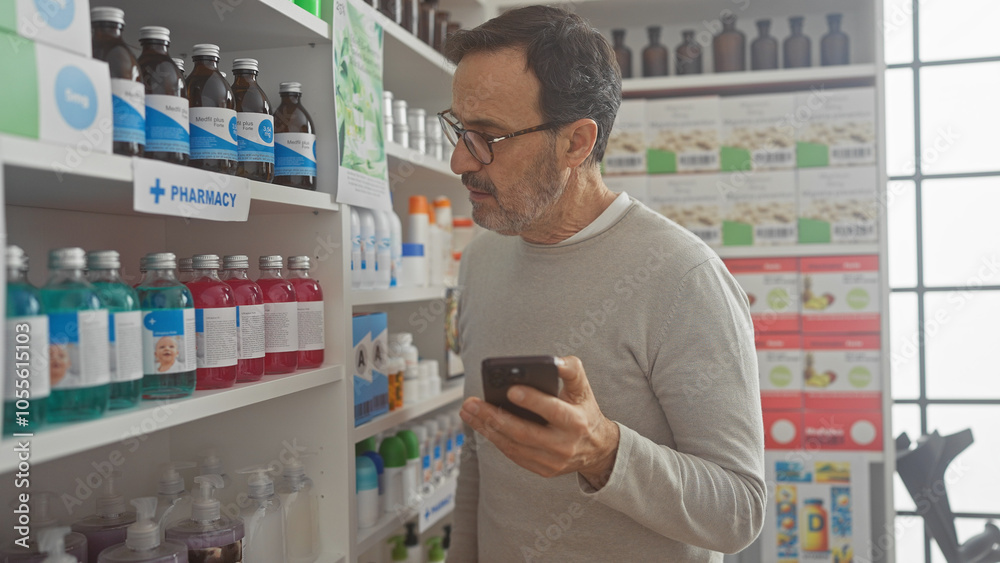 Mature hispanic man using smartphone in pharmacy, browsing shelves with healthcare products. Mature hispanic man using smartphone in pharmacy, browsing shelves with healthcare products.