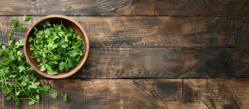 Top view of a wooden table with a bowl of fresh coriander ideal for adding text Copy space image Top view of a wooden table with a bowl of fresh coriander ideal for adding text Copy space image