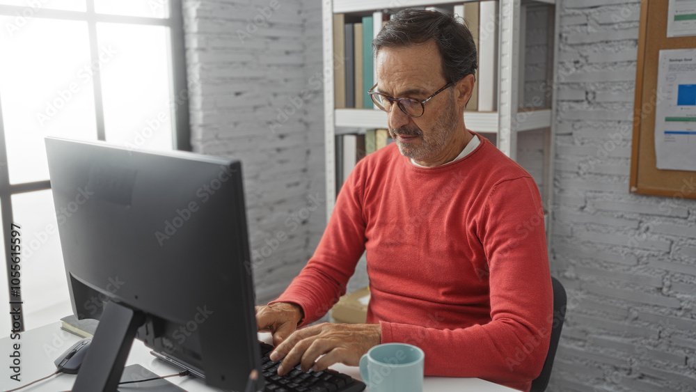 Εκτύπωση καμβά Man working on computer in modern office with brick walls, wearing red sweater, middle aged, focused and productive, surrounded by books and documents in bright interior space