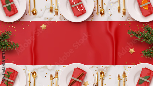 Christmas plate setting with golden cutlery on marble background. New Year Festive design with holiday xmas decorative. Table place setting template with realistic 3d objects. Vector illustration