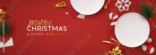 Christmas plate setting with golden cutlery on red background. New Year Festive design with holiday xmas decorative. Table place setting background with realistic 3d objects. Vector illustration