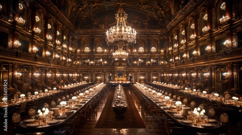 An opulently lit grand ballroom with two long tables elegantly set for a formal banquet, featuring a magnificent crystal chandelier centerpiece photo